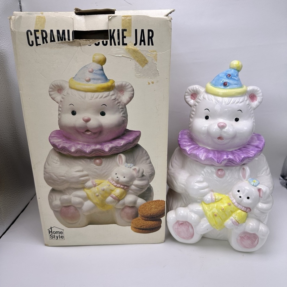 Bopsy Clown Bear Ceramic Cookie Jar Pastel Colors 12" Tall Vintage Home Style